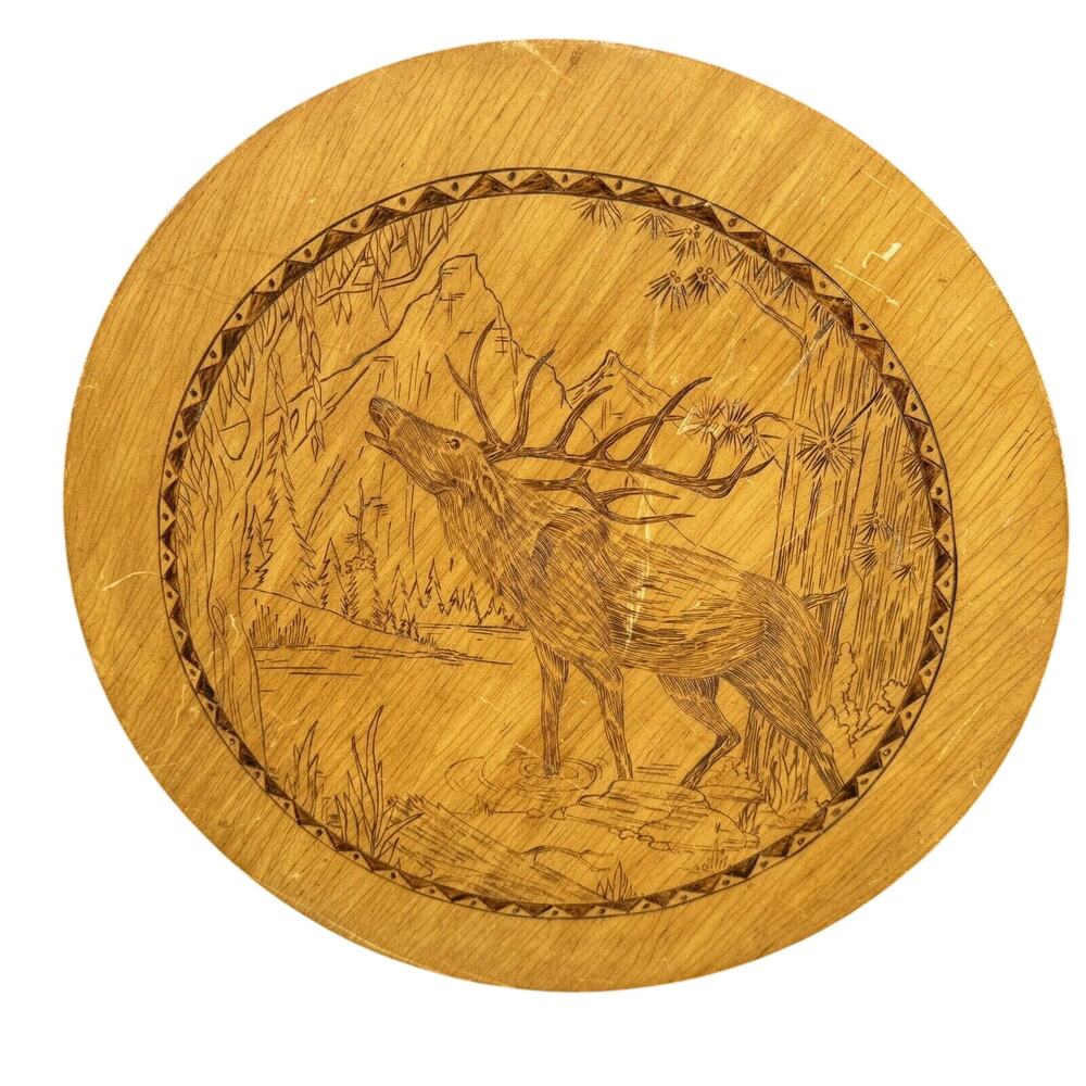 Rare Flemish Art Pyrography Wood Wall Hanging Elk Deer Moose 1936 - HLBN